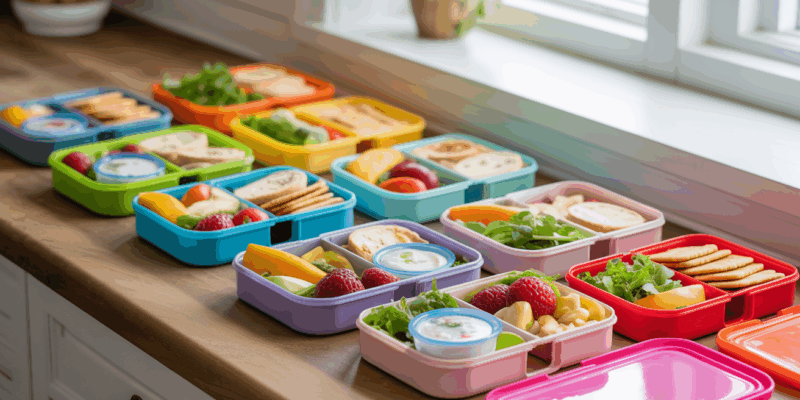 A bright, cheerful kitchen counter with seven open lunchboxes arranged in a row, each filled with colorful, balanced meals — crackers, fruit, wraps, small containers of yogurt, and fresh vegetables. The natural light spills in from a nearby window, highlighting the freshness of the ingredients and creating a welcoming, everyday feel.
