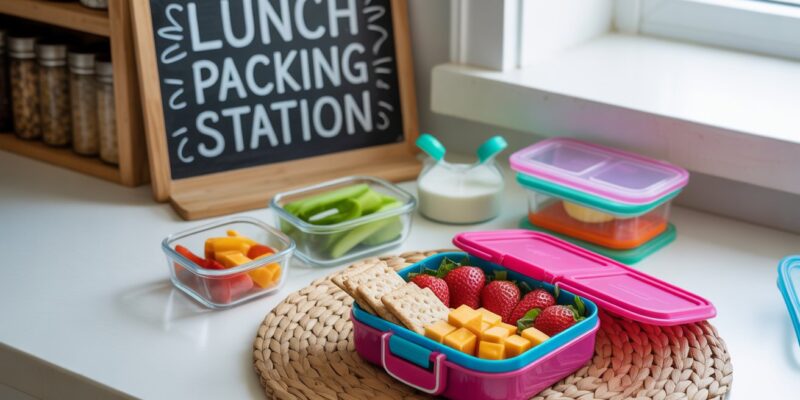 A cozy, well-lit kitchen counter with neatly organized lunch prep items. In the foreground: a colorful bento lunchbox partially packed with fruit, crackers, and cheese. Around it: small containers of prepped snacks, reusable pouches, and a chalkboard in the background with a handwritten "Lunch Packing Station" label. The scene feels clean, cheerful, and practical — showing a calm morning vibe.