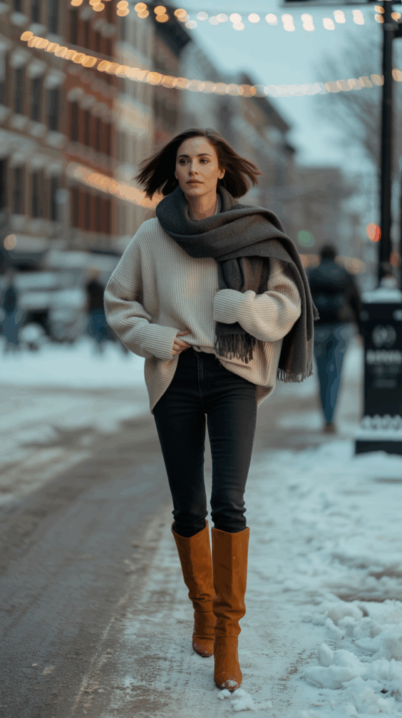 A cozy street-style look featuring a woman in an oversized cream knit sweater, black skinny jeans, and tall suede knee-high boots.