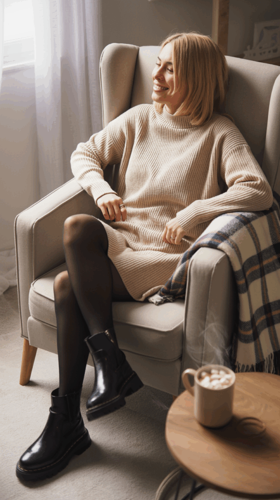 A cozy indoor winter setting with a woman in a cream knit sweater dress paired with black opaque tights and chunky ankle boots.
