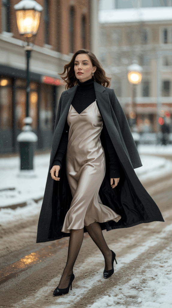A feminine yet chic look featuring a satin slip dress layered over a black ribbed turtleneck, topped with a tailored wool coat.