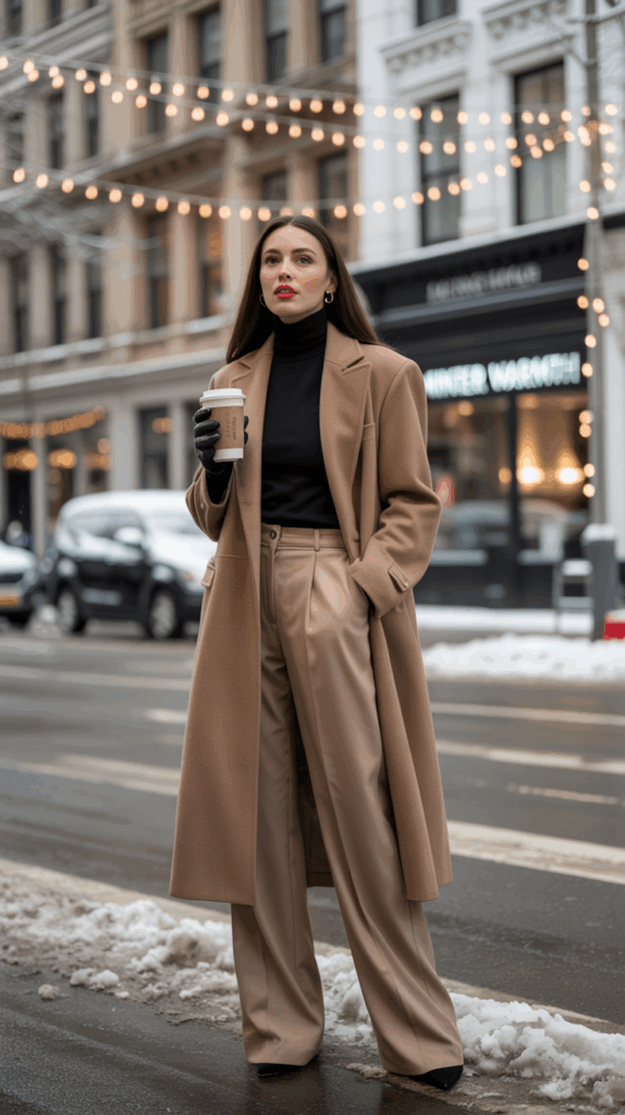 A polished winter street-style scene with a woman in a camel wool coat layered over a fitted black turtleneck and wide-leg trousers.