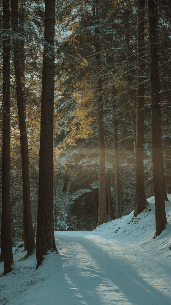 Winter forest wallpaper with snowy pine trees and sunlight filtering through branches.