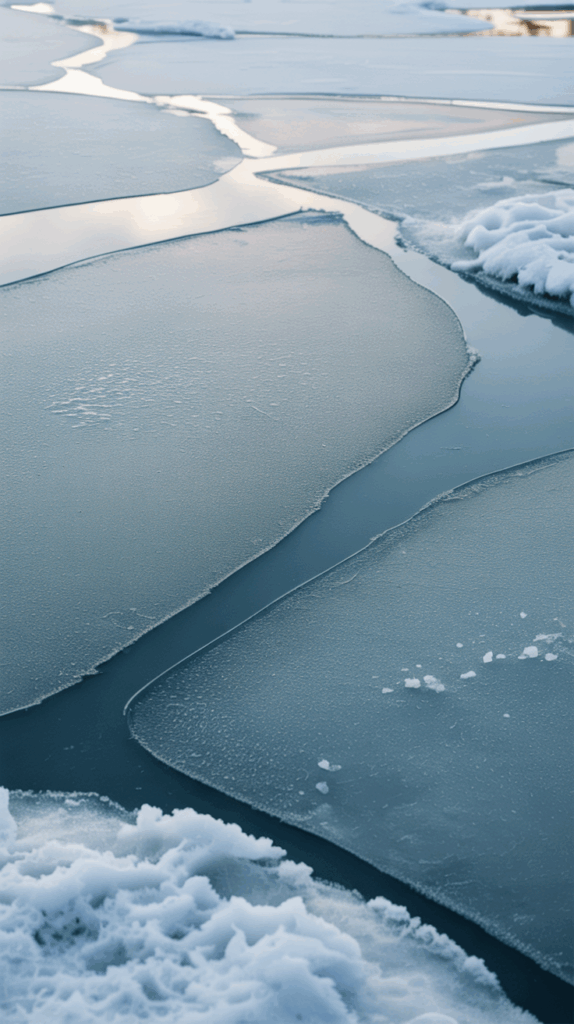 Abstract icy blue winter wallpaper with frozen lake textures and silver tones.