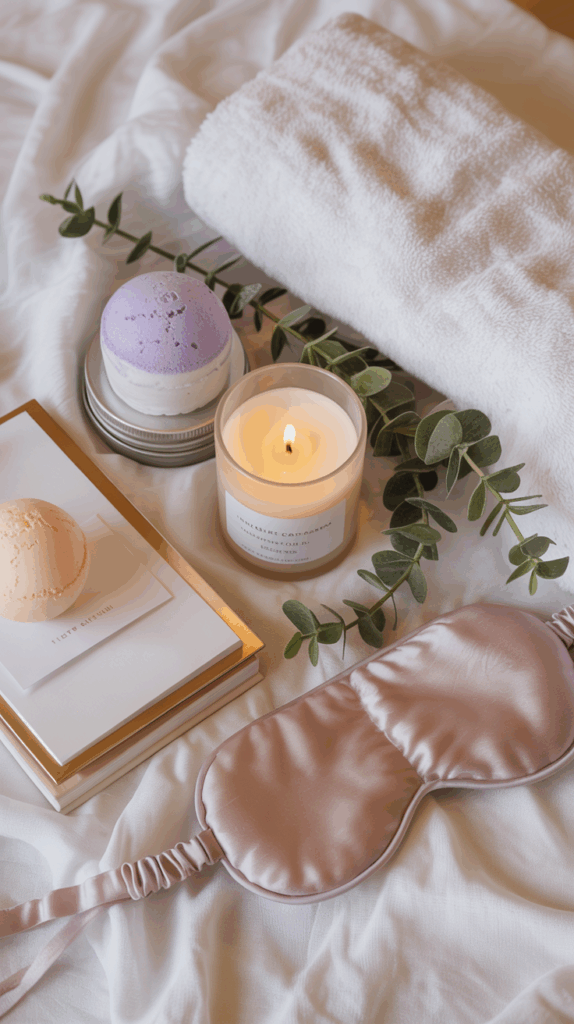 Relaxation gift set with candle, bath bombs, journal, and sleep mask in soft neutral tones