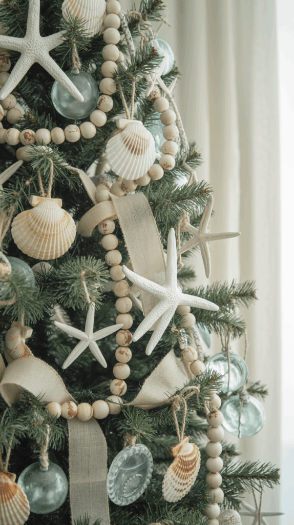 A modern coastal Christmas tree with seashell ornaments, linen ribbon, and soft blue tones — a bright and airy 2025 Christmas tree theme inspired by beach style.