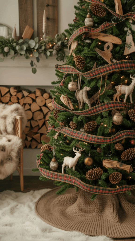 A cozy 2025 Christmas tree decorated with wooden ornaments, pinecones, and plaid ribbon for a rustic woodland cabin theme — perfect for warm, natural holiday decor inspiration.