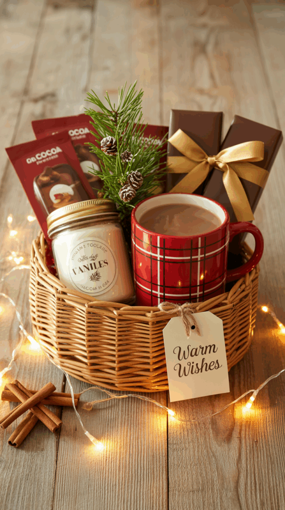 Christmas teacher gift basket with mug, cocoa, candle, and chocolates on a wooden table