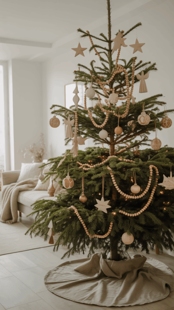 A minimalist Scandinavian Christmas tree with clay ornaments, wood bead garlands, and neutral decor — a simple and peaceful 2025 Christmas tree trend.