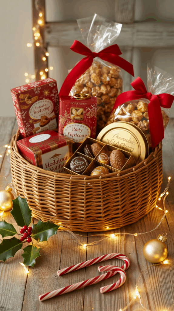 Holiday snack basket with cookies, chocolates, popcorn, and candy canes for teacher gift