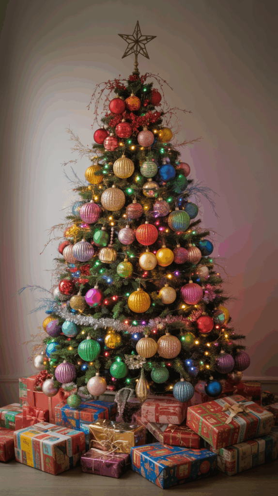 A colorful retro-inspired Christmas tree covered in rainbow glass ornaments, tinsel garlands, and vintage lights — a fun and nostalgic 2025 Christmas tree idea.