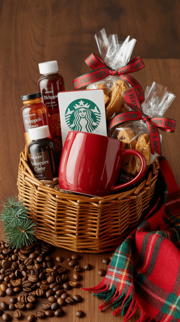 Coffee lover Christmas gift with mug, syrups, biscotti, and Starbucks card on wood background