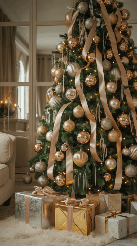 A shimmering gold and silver metallic Christmas tree glowing with champagne ornaments, crystal accents, and twinkle lights — an elegant 2025 Christmas tree decorating theme.