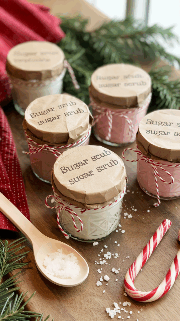 Homemade peppermint sugar scrub in mason jars with twine and candy canes