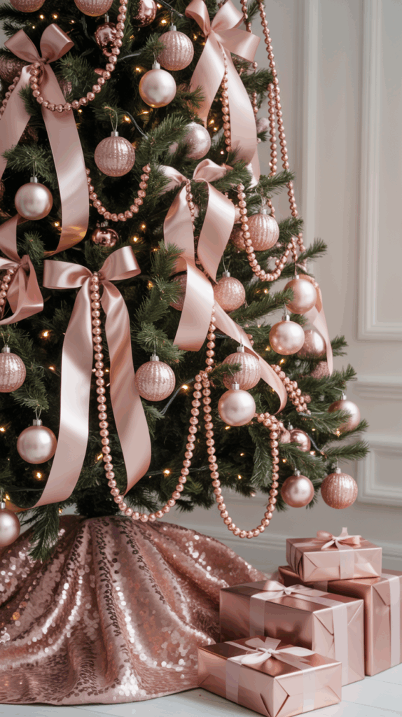 A glamorous pink and rose gold Christmas tree decorated with pearl garlands, blush ornaments, and a sequin skirt — a chic and feminine 2025 Christmas tree theme.
