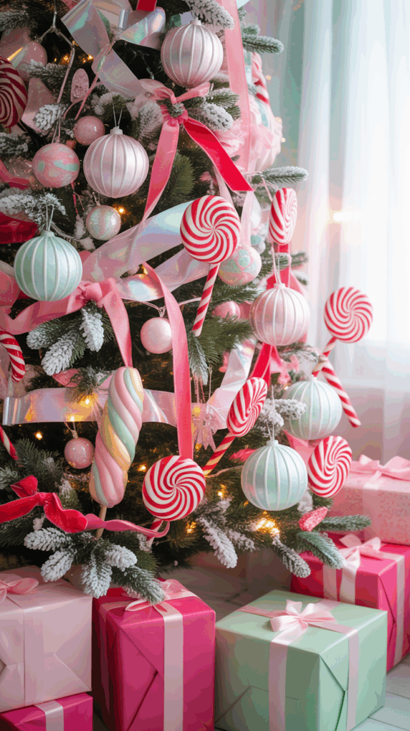 A colorful Christmas tree decorated in a Candyland theme with oversized lollipops, candy cane ornaments, and pastel ribbons — a fun and trendy 2025 Christmas tree idea for playful holiday decorating inspiration.